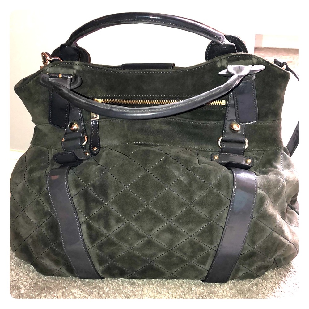 Grey suede and patent leather purse